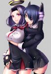  bad_id bad_pixiv_id black_legwear blue_hair breasts fingerless_gloves gloves grey_background kantai_collection large_breasts matsurika_youko mouth_hold multiple_girls partly_fingerless_gloves pink_eyes purple_hair short_hair simple_background skirt tatsuta_(kantai_collection) tenryuu_(kantai_collection) thighhighs yellow_eyes yuri 
