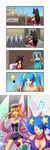  ahri animal_ears aqua_hair blonde_hair blush breasts cleavage comic fox_ears fox_tail gradient_hair hat highres large_breasts league_of_legends long_hair multicolored_hair multiple_girls multiple_tails open_mouth silent_comic sona_buvelle tail tears whisker_markings xano yellow_eyes 