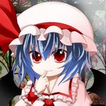  ascot bat_wings blouse blue_hair blush bow closed_mouth collared_shirt colorized derivative_work frilled_hat frilled_shirt frills hand_on_own_face hat hat_bow hat_ribbon index_finger_raised looking_at_viewer mob_cap nayutaro portrait puffy_sleeves red_eyes remilia_scarlet ribbon shirona_(amenomurakumo26) shirt smile solo stained_glass touhou wings wrist_cuffs 