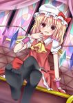  ascot black_legwear blonde_hair blush couch crystal curtains esureki fangs flandre_scarlet hat open_mouth red_eyes ribbon short_hair side_ponytail sitting skirt smile solo stained_glass thighhighs touhou vest wings 