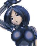  arm_up black_hair blue_eyes breasts cyborg gally gunnm lips looking_at_viewer medium_breasts parted_lips shopyun short_hair simple_background sketch skin_tight solo upper_body white_background 
