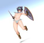  black_hair blue_eyes blush boots breasts circlet divine_bikini dragon_quest dragon_quest_iii dudufedu feathers gloves jumping md5_mismatch medium_breasts roto shield short_hair solo sweatdrop sword underboob wavy_mouth weapon 