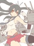  armpits black_hair breasts crop_top crop_top_overhang fujieda_miyabi gloves kantai_collection large_breasts long_hair looking_at_viewer midriff miniskirt navel open_mouth parted_lips ponytail red_eyes red_skirt sidelocks single_thighhigh skirt thighhighs turret white_gloves yahagi_(kantai_collection) 