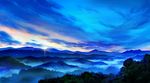  bad_pixiv_id blue cloud cloudy_sky fog forest landscape mountain mugon nature no_humans original scenery signature sky sunrise 
