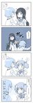  4koma akemi_homura bad_id bad_pixiv_id blush chop comic flat_chest flat_chest_grab grabbing hair_ribbon hairband head_bump highres kaname_madoka long_hair magical_girl mahou_shoujo_madoka_magica miki_sayaka monochrome multiple_girls ribbon school_uniform shield short_twintails translated twintails yoplait yuri 