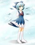  :o arms_behind_back blue_background blue_eyes blue_hair bow cirno dress gradient gradient_background hair_bow ice ice_wings kneehighs looking_at_viewer maikuro no_shoes puffy_short_sleeves puffy_sleeves ribbon shadow short_hair short_sleeves solo touhou wind wind_lift wings 