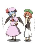  blue_hair blush clenched_hand clenched_hands dress frilled_dress frills frown hair_between_eyes hands_on_hips hat hong_meiling kumo_(atm) multiple_girls pants red_hair remilia_scarlet short_hair star sweatdrop sweatpants touhou wings younger 