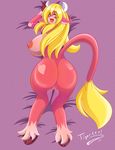  &lt;3 all_fours anthro bed big_breasts big_butt blonde_hair blush bovine breasts butt dakimakura female fur green_eyes hair horn huge_breasts long_hair looking_at_viewer mammal markings nipples nude open_mouth pink_fur presenting presenting_hindquarters pussy ruby_(rubyluvcow) solo tiger1001 wide_hips 