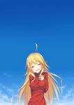  7zu7 :d ^_^ blonde_hair closed_eyes highres hoshii_miki idolmaster idolmaster_(classic) jewelry long_hair open_mouth ribbed_sweater ring sky smile solo sweater 