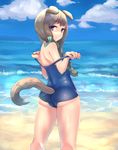  animal_ears ass bad_id bad_pixiv_id beach braid brown_hair day dog_ears dog_tail from_behind highres kyuuso_inukami long_hair looking_back one-piece_swimsuit original outdoors purple_eyes school_swimsuit solo swimsuit swimsuit_pull tail twin_braids water 