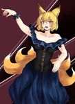  alternate_costume animal_ears bare_shoulders blonde_hair breasts cleavage collarbone dress fox_ears fox_tail hand_on_hip medium_breasts multiple_tails no_hat no_headwear open_mouth short_hair solo tail toluda touhou yakumo_ran yellow_eyes 