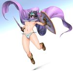  black_hair blue_eyes boots breasts cape circlet covered_mouth divine_bikini dragon_quest dragon_quest_iii dudufedu feathers gloves jumping md5_mismatch medium_breasts navel roto shield short_hair solo sword underboob weapon 