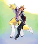  absurdres alternate_costume beats_by_dr._dre buckle contemporary digimon digimon_tamers flat_chest from_side full_body headphones highres makino_ruki orange_hair paws ponytail profile purple_eyes renamon riza23 