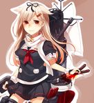  blonde_hair bow hair_bow hair_flaps hair_ornament hair_ribbon hairclip kantai_collection long_hair mohuta1203 red_eyes remodel_(kantai_collection) ribbon school_uniform serafuku short_sleeves skirt smile solo yuudachi_(kantai_collection) 