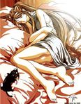  aa_megami-sama antenna_hair artist_request bare_arms bare_legs barefoot belldandy brown_hair cat facial_mark feet forehead_mark goddess jewelry long_hair lying nightgown no_panties on_back on_side pillow ponytail ring sleeping sleeveless soles velsper very_long_hair 