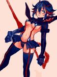  breasts dutch_angle kill_la_kill matoi_ryuuko medium_breasts multicolored_hair navel revealing_clothes scissor_blade senketsu short_hair solo streaked_hair sword tegaki thighhighs turpentine_(pin) two-tone_hair underboob weapon 