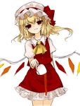  bad_id bad_pixiv_id bent_over blonde_hair bow cup flandre_scarlet half-closed_eyes hat hat_bow highres koyashaka light_smile looking_at_viewer mob_cap puffy_sleeves shirt short_sleeves side_ponytail simple_background sketch skirt skirt_set solo spilling teacup touhou vest white_background wings 
