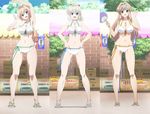  3girls bikini blonde_hair blue_eyes breasts brown_hair ceara_august feet fino_bloodstone green_eyes highres jewelry large_breasts long_hair multiple_girls necklace nova_luminous open_mouth panties pointy_ears sandals smile standing swimsuit toes underwear white_bikini white_swimsuit yuusha_ni_narenakatta_ore_wa_shibushibu_shuushoku_wo_ketsui_shimashita. 