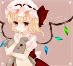  bad_id bad_pixiv_id blonde_hair blush bow character_name doll_hug finger_to_mouth flandre_scarlet frame hat hat_bow koyashaka mob_cap pink_background puffy_sleeves shirt short_sleeves simple_background skirt skirt_set solo stuffed_animal stuffed_toy teddy_bear thumb_sucking touhou vest white_background wings 