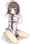  ahoge bad_id bad_pixiv_id bare_legs black_hair full_body hair_over_shoulder kneeling kohak_hearts long_hair low-tied_long_hair purple_eyes shoes shorts solo tales_of_(series) tales_of_hearts teu_(navy) white_background 