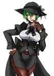  blazblue breasts closed_eyes contrapposto corset genderswap genderswap_(mtf) gloves green_hair hand_on_hip hat hazama jacket kaneaki_mukku large_breasts pantyhose solo standing 