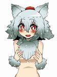  animal_ears blush closed_eyes covering covering_breasts fur hat heikouidou_(seraeno) inubashiri_momiji looking_at_viewer nude silver_hair smile solo tail tokin_hat touhou wolf_ears wolf_tail 