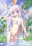  :d bandeau bikini blue_eyes blush breasts cleavage flower front-tie_top highres large_breasts long_hair multicolored multicolored_eyes open_mouth original pool purple_eyes quin_(himegata_alice) silver_hair smile solo standing strapless swimsuit two_side_up very_long_hair wading water 