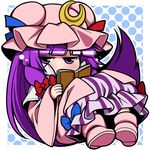 book capelet chibi coat crescent dress eichi_yuu hair_ribbon hat jitome long_hair long_sleeves looking_at_viewer mob_cap open_clothes open_coat patchouli_knowledge polka_dot polka_dot_background purple_dress purple_eyes purple_hair ribbon sitting solo striped striped_dress touhou tress_ribbon very_long_hair wide_sleeves 