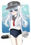  blue_eyes hat hibiki_(kantai_collection) kantai_collection long_hair no_pants one-piece_swimsuit pale_skin school_swimsuit school_uniform serafuku silver_hair solo swimsuit swimsuit_under_clothes torpedo yaosera 