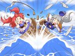  &gt;_&lt; boat broken chibi closed_eyes coin collision d: dx emphasis_lines falling grey_hair hair_bobbles hair_ornament hat long_sleeves mazume mononobe_no_futo multiple_girls ocean onozuka_komachi open_mouth plate ponytail red_hair scythe shoes_removed touhou water watercraft wide_sleeves 