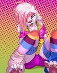  claws clothing dog female fur gypsyrat hair jewelry long_hair looking_at_viewer makeup mammal nail_polish necklace open_mouth pink_eyes poodle sitting sofi solo toe_claws toenail_polish tongue tongue_out white_fur 