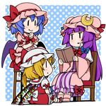  :&lt; :d bat_wings blonde_hair blue_hair book capelet chibi coat crescent dress eichi_yuu fang flandre_scarlet hair_ribbon hat long_hair long_sleeves mob_cap multiple_girls open_clothes open_coat open_mouth patchouli_knowledge pink_dress pointy_ears polka_dot polka_dot_background puffy_sleeves purple_dress purple_hair reading red_dress remilia_scarlet ribbon sash short_sleeves siblings side_ponytail sisters sitting smile sparkle stool striped striped_dress touhou tress_ribbon very_long_hair wide_sleeves wings wrist_cuffs |_| 