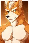  abstract_background aluminemsiren anthro biceps black_nose brown_fur canine chest_tuft fangs fox fox_mccloud fur green_eyes grin hair looking_at_viewer male mammal muscles nintendo nipples open_mouth pecs portrait pose smile solo standing star_fox tan_fur teeth toned tongue topless tuft video_games 