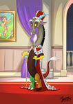  antler antlers cape carpet castle crown curtains cutie_mark diamond discord_(mlp) draconequus equine fangs fluttershy_(mlp) frame friendship_is_magic gem horn inside looking_at_viewer male mammal my_little_pony mysticalpha painting pegasus red_eyes scepter sceptre solo standing wings 
