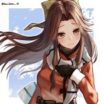  1girl alternate_costume black_gloves blush bow breasts brown_eyes brown_hair closed_mouth eyebrows_visible_through_hair gloves green_bow hair_bow hair_intakes harukana_(harukana_10) jacket jintsuu_(kantai_collection) kantai_collection long_hair long_sleeves looking_at_viewer medium_breasts scarf small_breasts solo sweater 