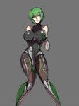  alternate_costume bare_shoulders blazblue bodysuit breasts fishnet_gloves fishnets genderswap genderswap_(mtf) gloves greaves green_hair grey_background hazama kaneaki_mukku large_breasts self_fondle short_hair simple_background skin_tight solo thigh_strap yellow_eyes 