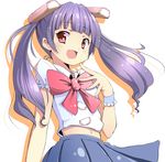  belly_peek bow food kamaboko long_hair navel original purple_hair red_eyes school_uniform skirt smile solo take_(office-t) twintails wrist_cuffs 