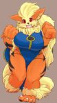  anthro arcanine big_breasts big_hands black_fur black_nose blonde_hair blush breasts canine claws dress fdokkaku female fur grey_background hair hi_res hindpaw long_hair looking_at_viewer mammal nintendo orange_fur paws plain_background pok&#233;mon pok&#233;morph pok&eacute;mon pok&eacute;morph red_eyes smile solo stripes swimsuit thick_thighs thighs video_games wide_hips yellow_fur 