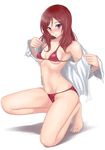  barefoot bikini blush breasts dress_shirt full_body long_hair looking_at_viewer love_live! love_live!_school_idol_project micro_bikini muffin_(sirumeria) navel nishikino_maki one_knee purple_eyes red_hair shirt short_hair simple_background small_breasts solo swimsuit underboob white_background 