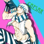  bad_boy blue_eyes caesar_anthonio_zeppeli facial_mark fingerless_gloves gloves headband jojo_no_kimyou_na_bouken male_focus muscle pants scarf solo_focus striped striped_pants striped_scarf vest white_hair 