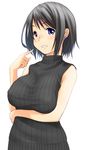  absurdres black_hair blue_eyes blush breast_hold breasts earrings grin highres jewelry looking_at_viewer original retsumaru ribbed_sweater short_hair sleeveless sleeveless_turtleneck smile solo standing sweater turtleneck white_background 