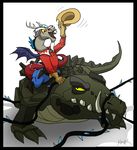  antler bound clothing cowboy_hat cragadile_(mlp) crocodile dawnmistpony discord_(mlp) draconequus friendship_is_magic hat horn male my_little_pony red_eyes reptile ridding scalie shirt smile thorns vines wings 
