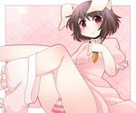  animal_ears bloomers bloomers_around_one_leg brown_hair bunny_ears carrot carrot_necklace commentary_request dress hammer_(sunset_beach) inaba_tewi jewelry necklace panties pendant pink_dress pink_eyes short_hair solo striped striped_panties touhou underwear 
