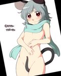  animal_ears between_legs blush covering covering_crotch flat_chest grey_hair hands_on_own_stomach looking_at_viewer mouse_ears mouse_tail naked_scarf nazrin neko_majin nude pink_eyes prehensile_tail scarf solo tail tail_between_legs touhou 