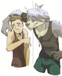  biceps blush canine chest_tuft clothed clothing dog dog_tags dragondrawer duo facial_hair fur grin hair human husky kouya_aotsuki male mammal morenatsu muscles pecs plain_background shirt shorts shy smile standing tank_top teeth tuft 