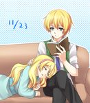  1girl aoinu_(shuumatsugeki) bad_id bad_pixiv_id blonde_hair blue_eyes book brother_and_sister closed_eyes couch crossed_legs dated digimon digimon_savers hairband highres long_hair lying necktie reading relena_norstein short_hair siblings sitting sleeping smile touma_h._norstein vest 