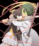  1girl black_hair green_hair hug itou_(mogura) kill_la_kill kiryuuin_satsuki looking_at_viewer sanageyama_uzu sword weapon wooden_sword 