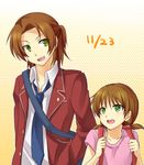  1girl aoinu_(shuumatsugeki) backpack bad_id bad_pixiv_id bag brother_and_sister brown_hair daimon_chika daimon_masaru dated digimon digimon_savers green_eyes hand_in_pocket highres long_hair long_sleeves necktie private_ootori_academy_uniform school_uniform short_hair short_twintails shoulder_bag siblings smile twintails 