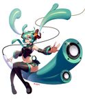  boots detached_sleeves floating_hair full_body green_eyes green_hair hatsune_miku highres long_hair midriff navel nawol necktie outstretched_arms sitting skirt solo speaker spread_arms thigh_boots thighhighs twintails vocaloid white_background 