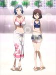  absurdres beach bikini_skirt blue_eyes blue_hair breasts brown_eyes brown_hair cleavage gundam gundam_build_fighters hairband highres iori_rinko knees_together_feet_apart kousaka_china large_breasts mature multiple_girls print_sarong sandals sarong screencap short_hair sparkle stitched swimsuit tankini third-party_edit white_sarong 